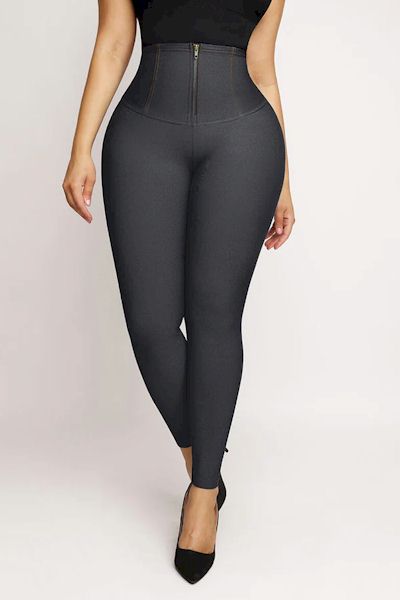 Corseted Elegance: Faux Denim Trousers with Mid-Rise and Snug Figure