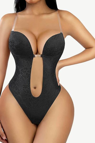 Load image into Gallery viewer, Elegance and Allure: Deep V-neck Lace Thong Bodysuit for Confident Seduction
